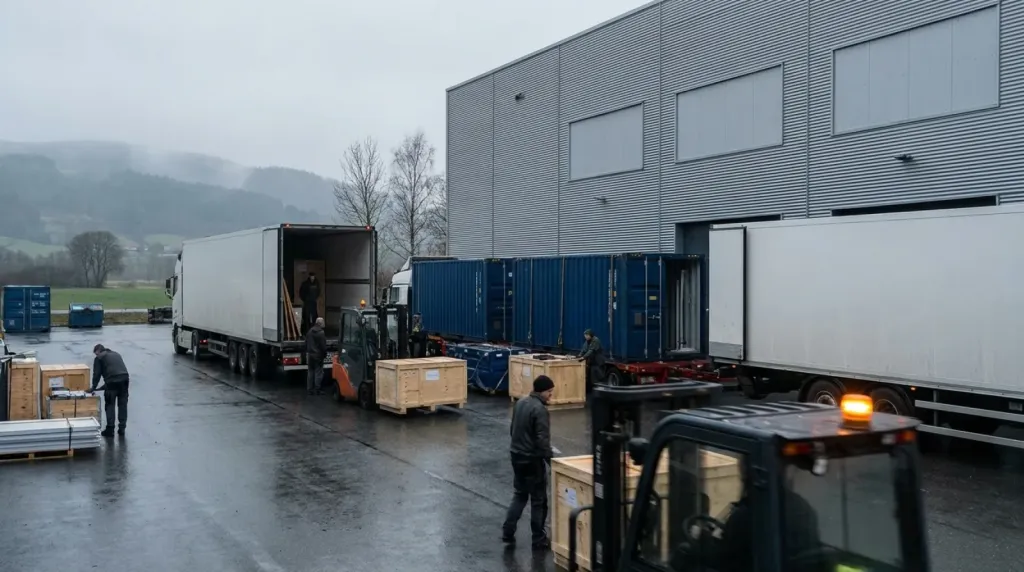 Logistyka targowa: dowóz zabudowy do Espace Gruyère w Bulle