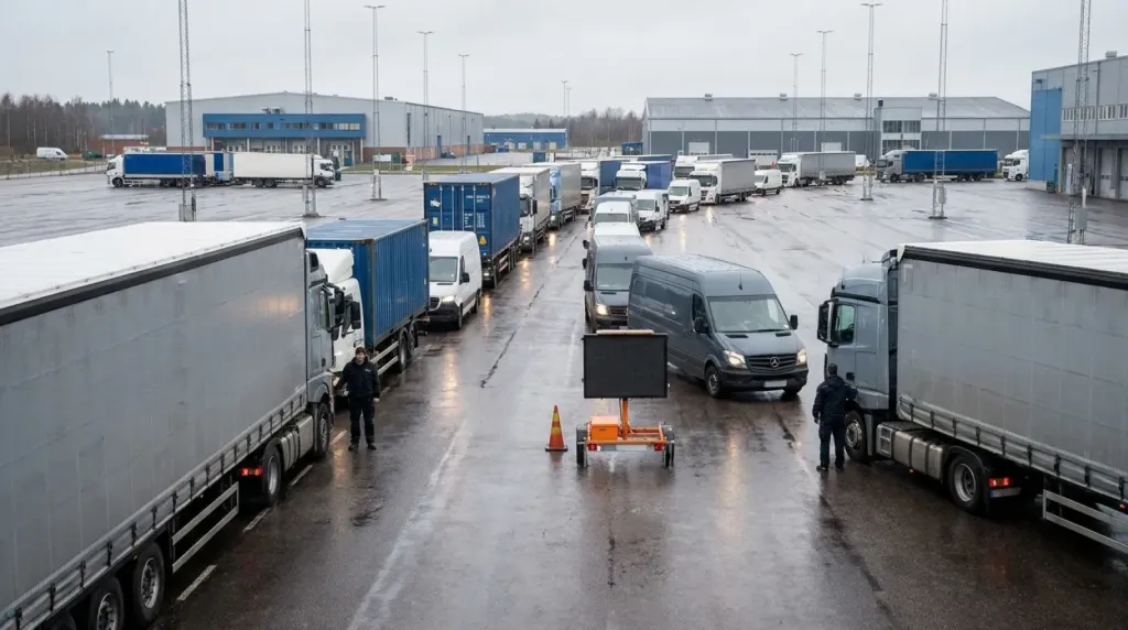 Plac buforowy przy targach: jak działa kolejkowanie pojazdów