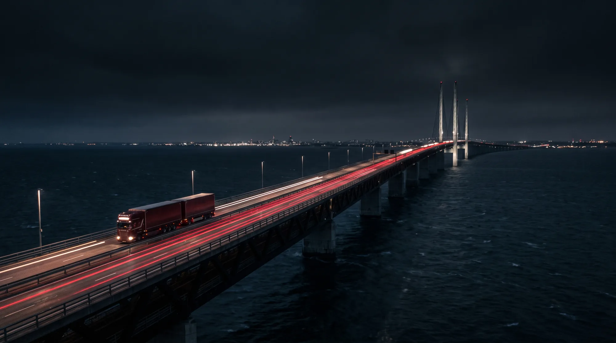 Autostradowy most nocą na trasie międzynarodowego transportu drogowego